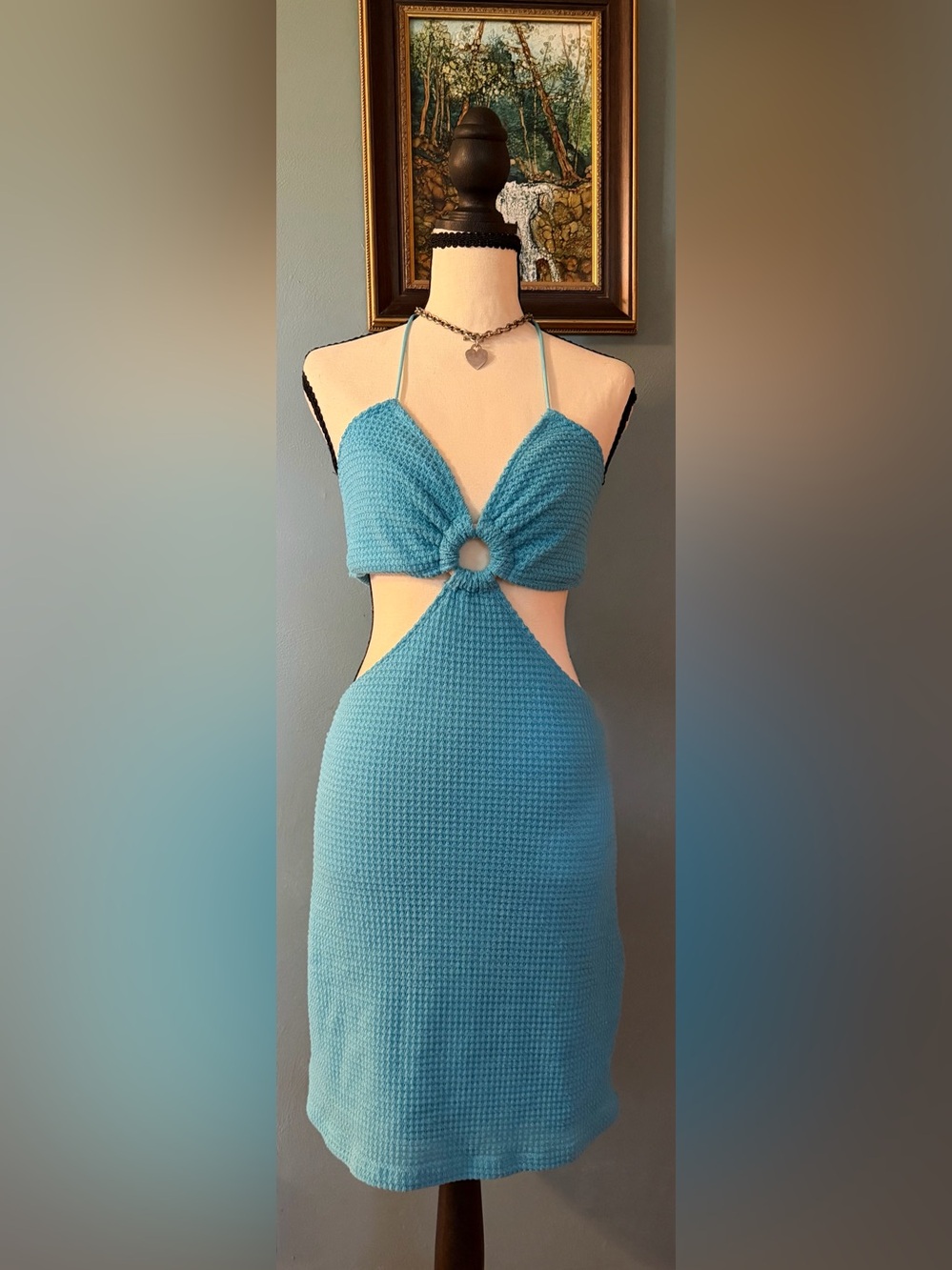 SHEIN Light Blue Waffle Knit Halter Cutout O-Ring Mini Dress Size Small